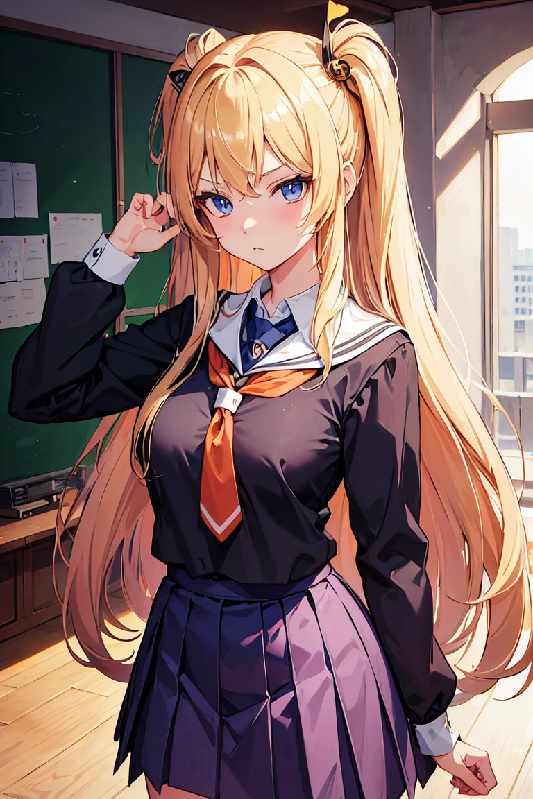 ((girl)), ((anime)), 1girl, long hair, blond hair, hime cut, 2 sidelocks, stern expression, dark blue eyes, fair skin, big breasts, honor student