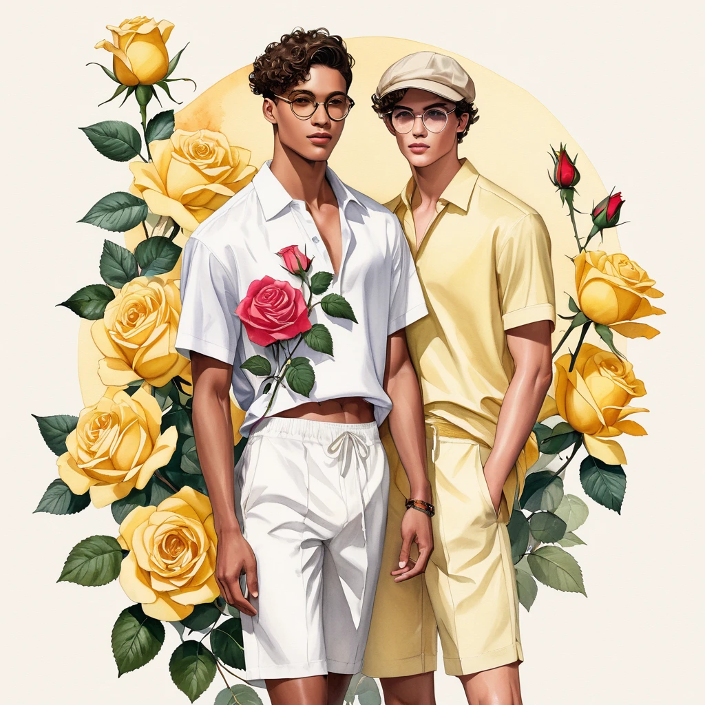 candid fashion illustration of young Mixed race 2man, both aged 18-23 year old, short curly hair, ((showcase fashion look book in linen outfits)), the design inspired of The Charles Darwin rose by David Austin, in elegant chic style. The man wears an oversized short-sleeved shirt with a minimal rose embroidery details, paired with relaxed-fit white Short with Drawstring, He completes his look with sneakers, round glasses. The boyfriend complements him in a skinny fitted speedo in a stripe pattern, semi bulge, He resemble includes an accessorizes with cap and sneakers, Captured in a low angle, ((full-body image)), ((roses motifs background)), fashion sketching, realistic drawing, ((imperfect water color drawing background)), fashion look book, fashion illustrator, fashion sketch design, gay, gay couple, Charles Darwin rose, yellow color, The blooms are large and full, with a deep, buttery yellow hue that can sometimes have soft, darker shades of yellow toward the center.