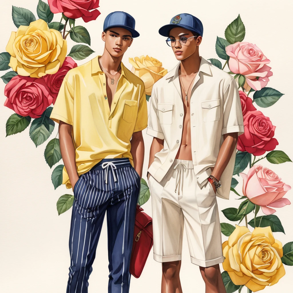 candid fashion illustration of young Mixed race 2man, both aged 18-23 year old, short curly hair, ((showcase fashion look book in linen outfits)), the design inspired of The Charles Darwin rose by David Austin, in elegant chic style. The man wears an oversized short-sleeved shirt with a minimal rose embroidery details, paired with relaxed-fit white Short with Drawstring, He completes his look with sneakers, round glasses. The boyfriend complements him in a skinny fitted speedo in a stripe pattern, semi bulge, He resemble includes an accessorizes with cap and sneakers, Captured in a low angle, ((full-body image)), ((roses motifs background)), fashion sketching, realistic drawing, ((imperfect water color drawing background)), fashion look book, fashion illustrator, fashion sketch design, gay, gay couple, Charles Darwin rose, yellow color, The blooms are large and full, with a deep, buttery yellow hue that can sometimes have soft, darker shades of yellow toward the center.