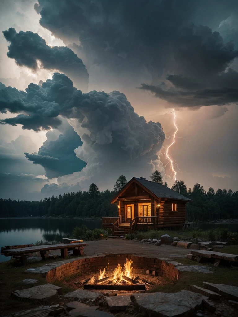 there is a cabin with a fire place on the deck, log cabin, lake house, cottage in the woods, cottage in the forest, wooden cottage, cabin in the woods, beatiful house, idyllic cottage, tiny house, a brick cabin in the woods, log homes, build in a forest near of a lake, cabin, luxurious wooden cottage, amazing lightning art, natural lightning, creepy lightning, amazing lightning, dramatic lightening, lightning creating life, crackling with lightning, epic lightning, colossal lightning, scary lightning, beautiful lightning, lightning strikes, exquisite lightning, insane lightning, national geographic photo”, thunderstorm and fire, lightning strike,