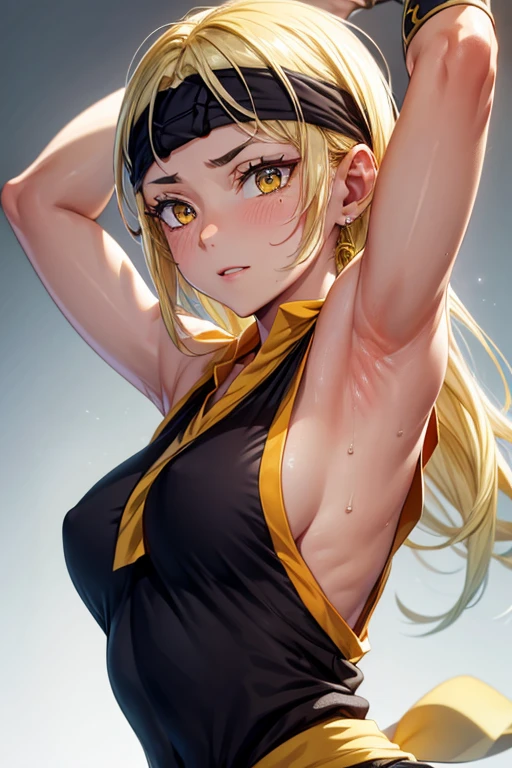8k high resolution, detailed face, detailed body, perfect body, ultra high quality, 1 girl, sleeveless shirt, arms up, armpit, sweating, black headband, yellow eyes