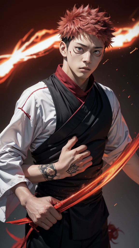 a young man in the story series "Jujutsu kaisen" named "itadori yuji" with a tattooed face, brown eyes, bright red hair, is using the demon domain technique (SUKUNA), and a white kimono shirt, filled with an evil aura colored red, black, with realistic visual effects.
