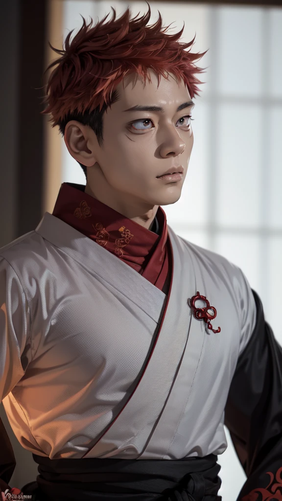 A skinny red-haired and handsome Asian man, with scars all over his body. , he has bright yellow eyes and glasses. wearing a white Yukata with full moon details.


