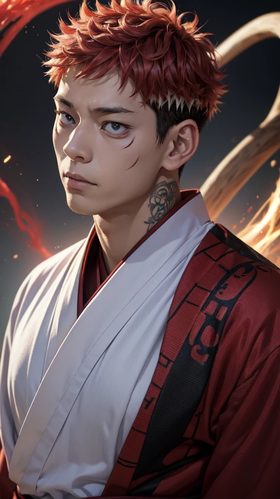 a young man in the story series "Jujutsu kaisen" named "itadori yuji" with a tattooed face, brown eyes, bright red hair, is using the demon domain technique (SUKUNA), and a white kimono shirt, filled with an evil aura colored red, black, with realistic visual effects.