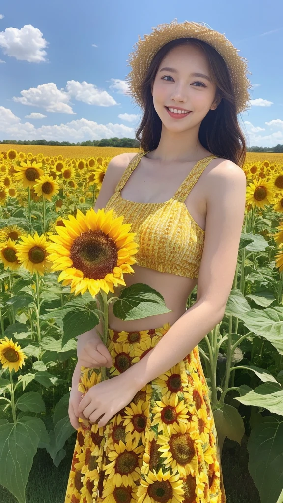 (lifelike, high resolution:1.3), close up,Sense of story,Realism,Chinese aesthetics,A woman wearing a sunflower skirt,Standing in a field of sunflowers。Sunflowers stand tall,Showing their smiling faces to the sun。Her smile was bright,Full of summer vitality。A hat woven from sunflowers is worn on the head,The sunflowers surrounding the。Background is a sea of golden sunflowers,Bees flying among flowers,In the distance are blue skies and white clouds。Bright and welcoming colors,Depicting a story about summer sunshine and vitality。