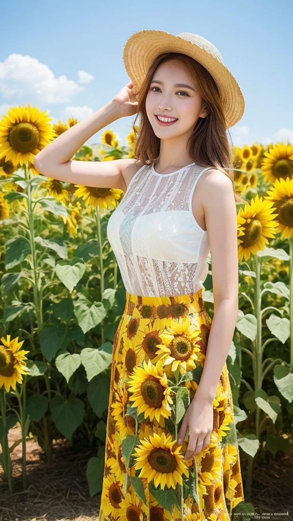 (lifelike, high resolution:1.3), close up,Sense of story,Realism,Chinese aesthetics,A woman wearing a sunflower skirt,Standing in a field of sunflowers。Sunflowers stand tall,Showing their smiling faces to the sun。Her smile was bright,Full of summer vitality。A hat woven from sunflowers is worn on the head,The sunflowers surrounding the。Background is a sea of golden sunflowers,Bees flying among flowers,In the distance are blue skies and white clouds。Bright and welcoming colors,Depicting a story about summer sunshine and vitality。
