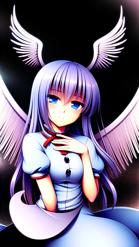 (best quality,4k,8k,highres,masterpiece:1.2), ultra-detailed, highly detailed texture, intricate details, A cute teenage angel with blue eyes, drawn in anime style, 1girl, , , 10 years old, medium blue hair, hair flaps, pink ribbon on head, well-formed face, blue eyes, angel girl, white blouse, puffy short sleeves, red ribbon, angel wings, long white skirt, red shoes, frills, ribbon head, A pair of angel wings on the back