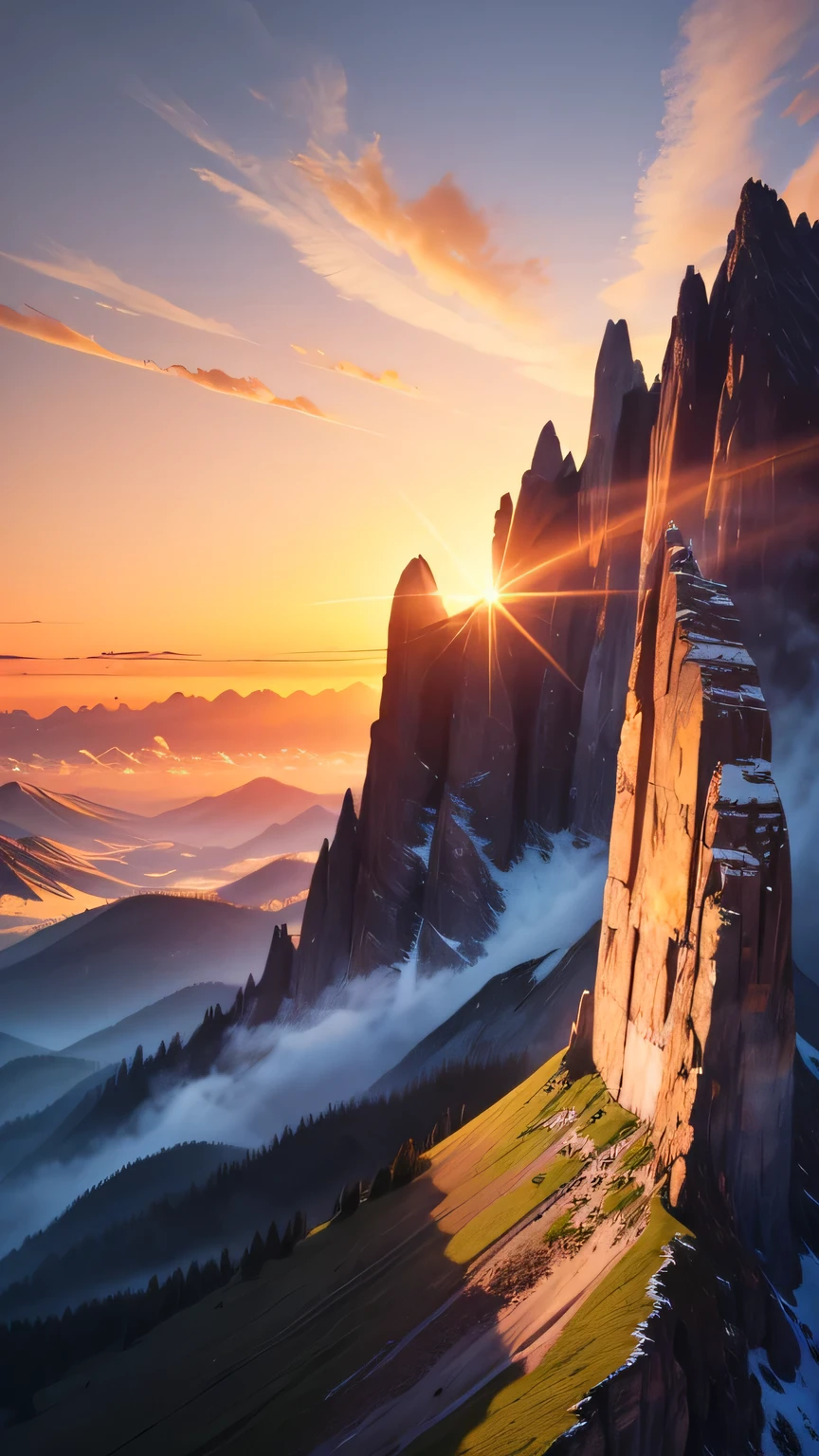 A tall mountain, dawn, sunrise, Bright colors, wood, Beautiful Landscape, sunrise