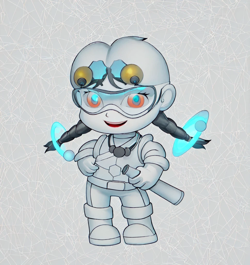 Cute little girl wearing white scientist suit with science tools in hand and safety goggles, eyes, simple, full body, character design, Pixar and Disney, as a high, 3d, background