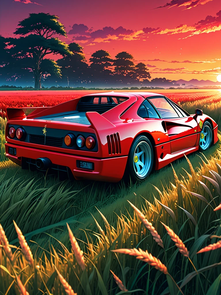 anime landscape of A pearl super strawberry red pearl color classic Ferrari F40 sport sits in a field of tall grass with a sunset in the background.beautiful anime scene, beautiful anime peace scene, Makoto Shinkai Cyril Rolando, beautiful anime scene, amazing wallpaper, anime art wallpaper 8k, anime background, artistic anime background, anime wallpaper 4k, anime art 4k wallpaper, anime wallpaper art 4k,