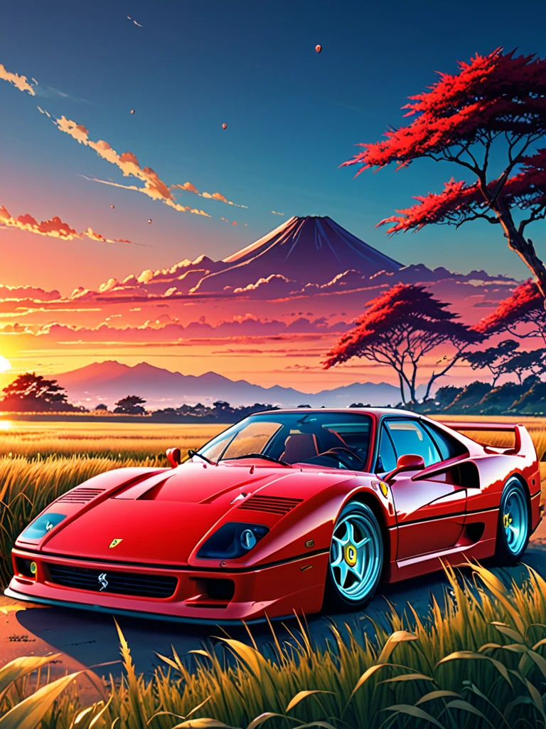 anime landscape of A pearl super strawberry red pearl color classic Ferrari F40 sport sits in a field of tall grass with a sunset in the background.beautiful anime scene, beautiful anime peace scene, Makoto Shinkai Cyril Rolando, beautiful anime scene, amazing wallpaper, anime art wallpaper 8k, anime background, artistic anime background, anime wallpaper 4k, anime art 4k wallpaper, anime wallpaper art 4k,