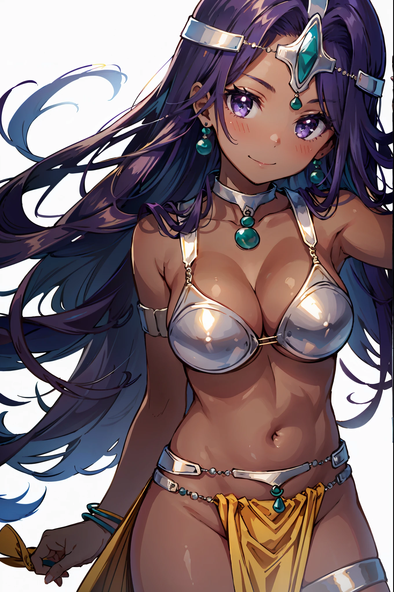 1girl, solo, dqManya, white background, cowboy shot, purple hair, bikini, loincloth, large breasts, cleavage, soft stomach, circlet, earrings, choker, bracelet, armlet, closed mouth, smile, blush