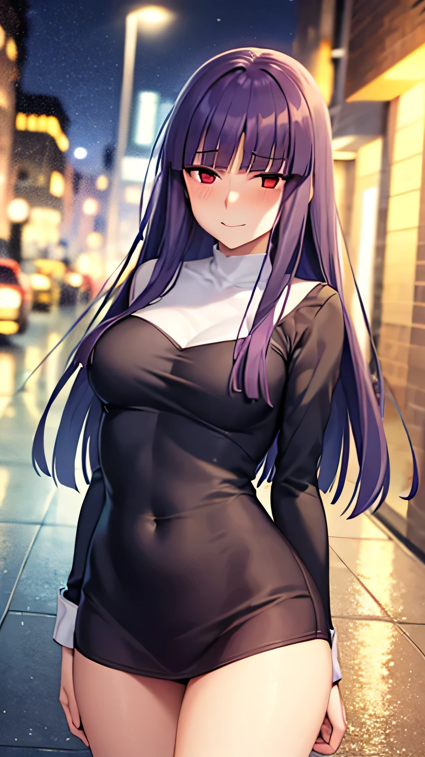 source_anime, rating_safe a_fujino, 1girl, anime coloring, solo, long hair, purple hair, blunt bangs, red eyes, empty eyes, half-closed eyes, blush, evil smile, shaded face, closed mouth, middle breasts, standing, cowboy shot, night, rainy street background, a_fujino, full body, standing, slander, straight on, adult, detailed face, beautiful face, naked body, completely nude