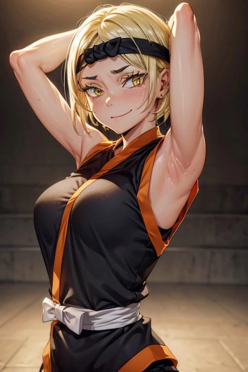 8k high resolution, detailed face, detailed body, perfect body, ultra high quality, 1 girl, sleeveless shirt, arms up, armpit, sweating, black headband, yellow eyes