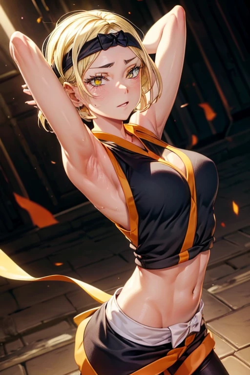 8k high resolution, detailed face, detailed body, perfect body, ultra high quality, 1 girl, sleeveless shirt, arms up, armpit, sweating, black headband, yellow eyes