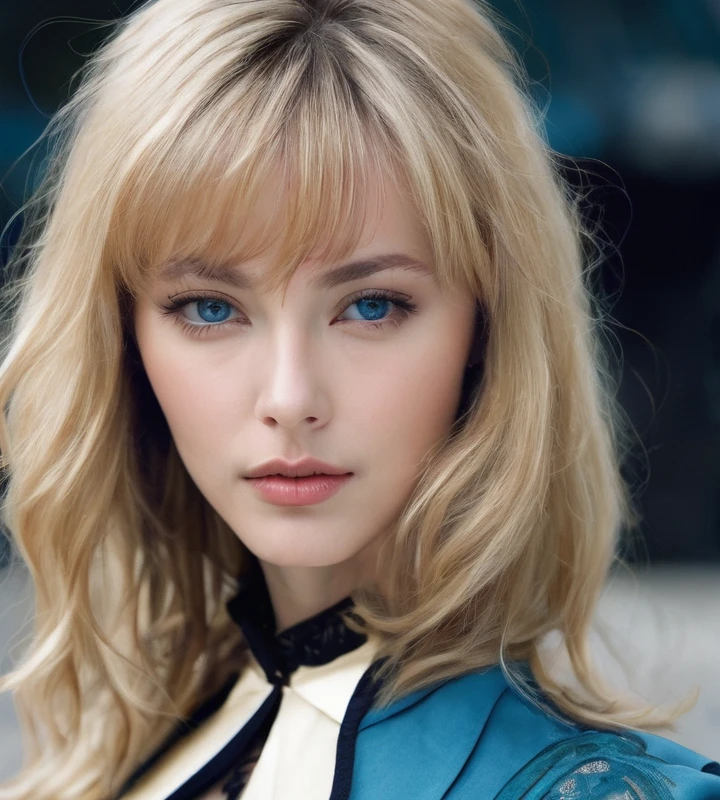The image shows a woman with the following physical characteristics:
1. Hair
- Color: Light blonde almost white, with 2 golden strands.
- Style: Short and straight, with bangs that fall over the forehead.
2. Face:
- Skin: Clear.
- Eyes: Blue
- Expression: Serious and intense, with a penetrating gaze.
3. Clothing:
- Wear a dark blouse or dress with details on the neck.