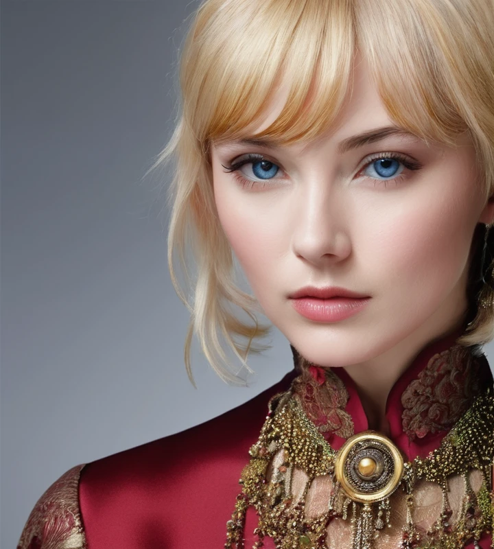 The image shows a woman with the following physical characteristics:
1. Hair
- Color: Light blonde almost white, with 2 golden strands.
- Style: Short and straight, with bangs that fall over the forehead.
2. Face:
- Skin: Clear.
- Eyes: Blue
- Expression: Serious and intense, with a penetrating gaze.
3. Clothing:
- Wear a dark blouse or dress with details on the neck.