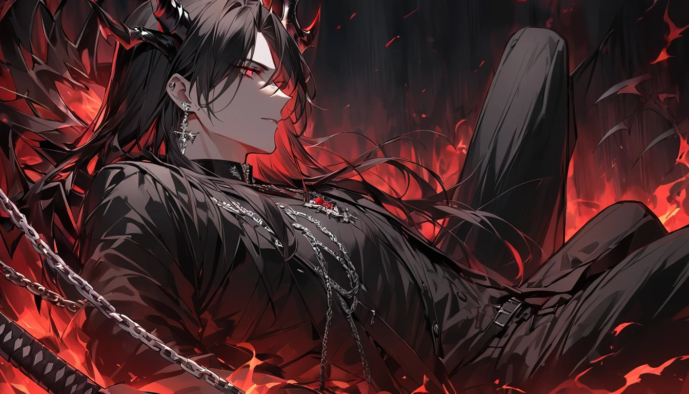 alone, good looking, 1 male, Long hair, Middle parted, Black hair, Red eyes, Black shirt, White Thailand, Black Trench Coat, Royal Silver Jewellery, Royal Demon Earrings, Black horns, Demon Crown, Demonic Katana, Chain, On Back, Demonic Black flames Aura, Side profile, fallen angel