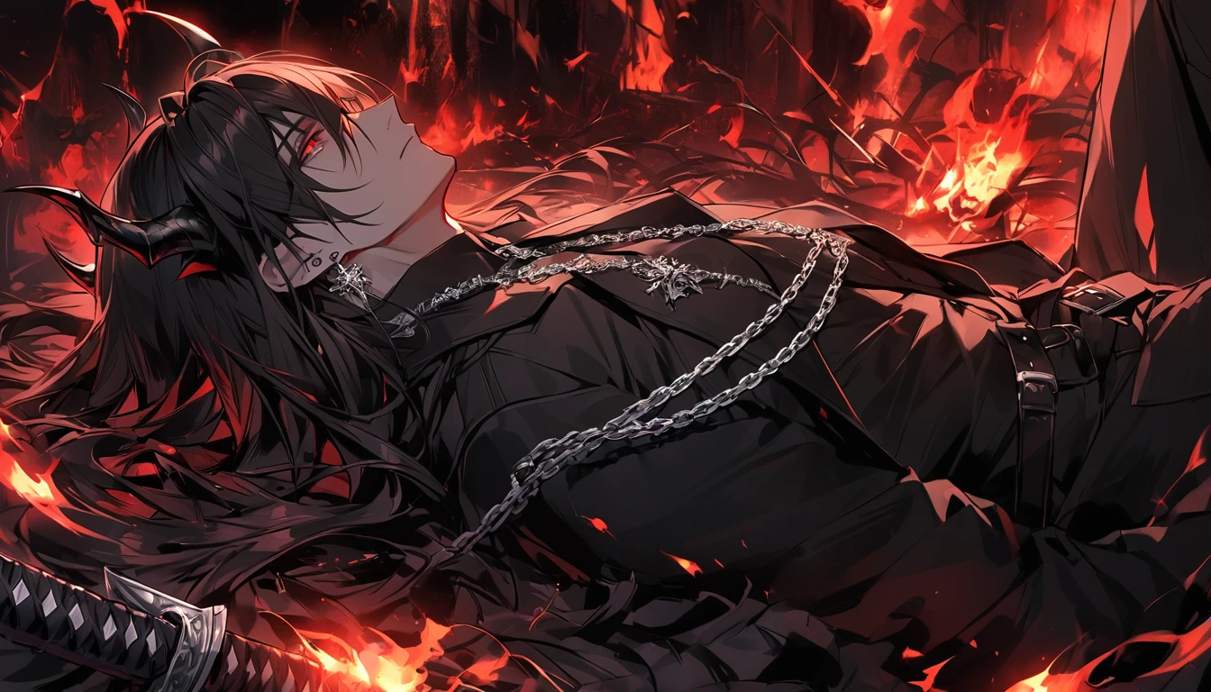 alone, good looking, 1 male, Long hair, Middle parted, Black hair, Red eyes, Black shirt, White Thailand, Black Trench Coat, Royal Silver Jewellery, Royal Demon Earrings, Black horns, Demon Crown, Demonic Katana, Chain, On Back, Demonic Black flames Aura, Side profile, fallen angel