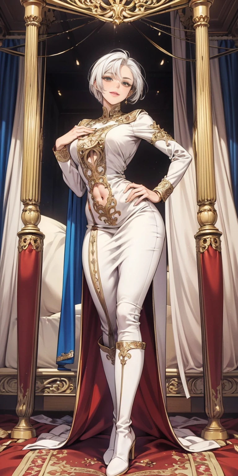 Setting: Royal bedroom - Grand, opulent, with rich fabrics and tapestries Character: Appearance: White hair - Short, styled in a sharp bob Full figure - Curvaceous Attire: High boots - Leather, reaching up the calves Elegant outfit - Befitting the royal setting (consider a dress, gown, or ensemble) Red tattoo - Delicate design on the navel Face - A confident smirk plays on her lips, eyes sparkling with amusement Pose: Full body - Standing tall Hands - Resting on hips in a commanding posture Additional details: (add to the background a four-poster bed, a plush rug, ornate furniture)