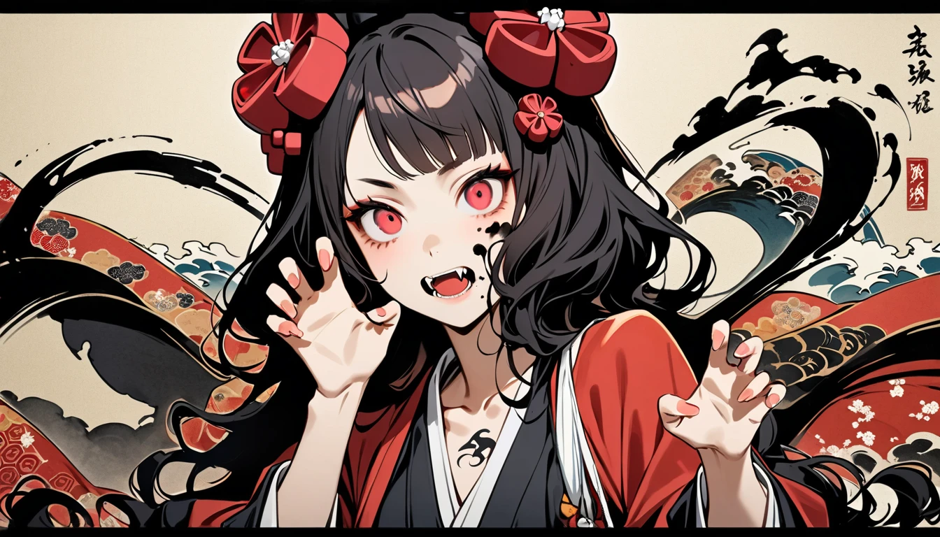 (((Horror elements))), (((TATOO on the face))), (((claw pose))), (((Highest quality))), (((Katsushika Hokusai))), (((Ink Painting))), ((very straight longhair)), ((1 girl)), ((Eyes glow red)), ((A beautiful girl possessed by a demon and showing her fangs)), Japanese style headphones, Black Hair, Delicate and precise, Modern ukiyo-e style, head shot