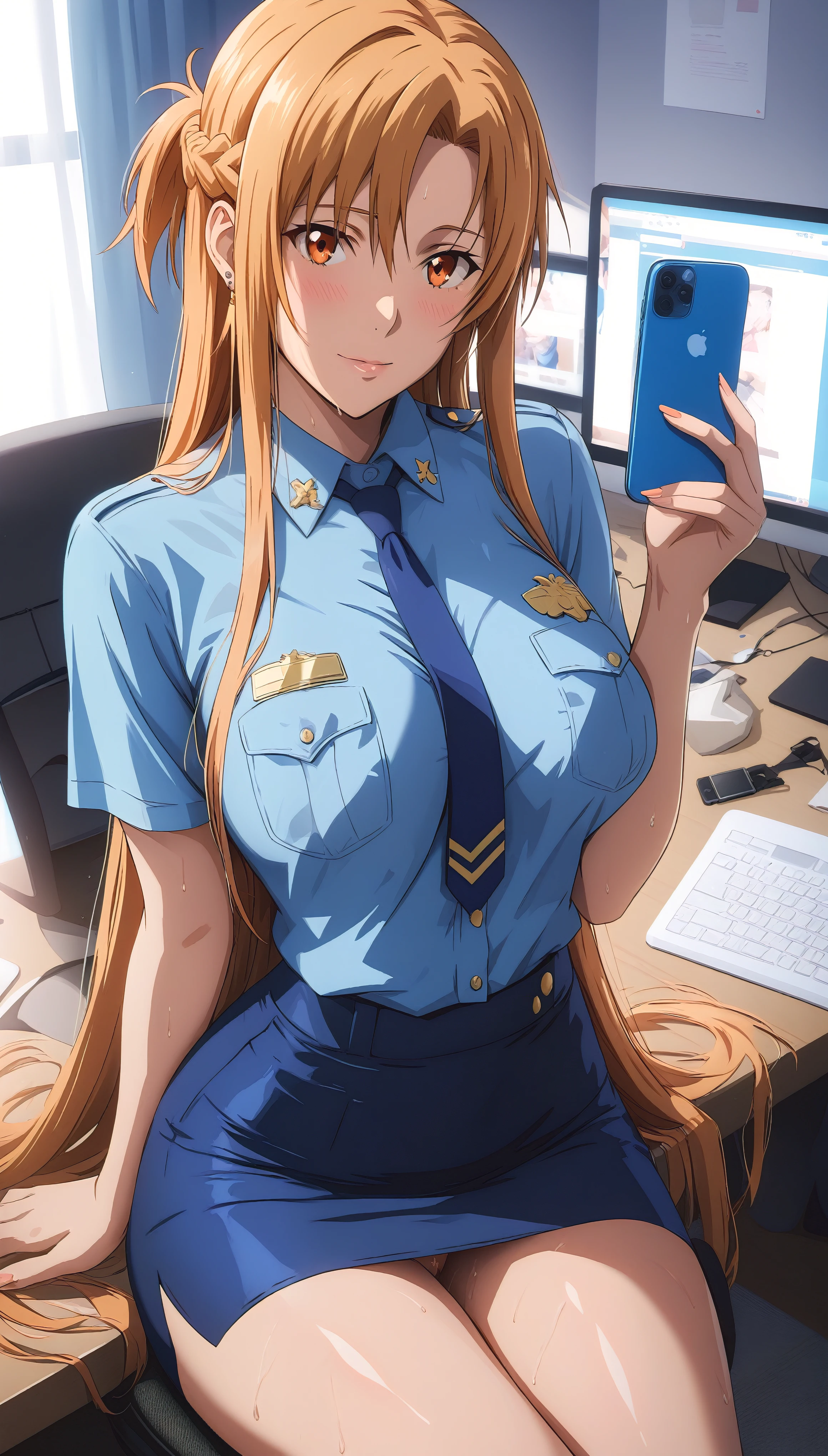 (harayutaka art style:0.7), score_9, score_8_up, score_7_up, score_6_up, uncensored, asuna yuuki from sword art online, orange hair, long hair, fold, orange eyes, BREAK (masterpiece:1.2), best quality, high resolution, (beautiful detailed eyes:1.3), perfect lighting, (perfect hands, perfect anatomy), hearts, pleasured, huge breasts, police, police uniform, uniform, 1girl, blue shirt, skirt, policewoman, sitting, cuffs, shirt, looking at viewer, necktie, breasts, blue skirt, handcuffs, blush, solo, short sleeves, pencil skirt, alternate costume, blue necktie, sweat, thighs, breast pocket, closed mouth, pocket, collared shirt, shirt tucked in, computer, holding, miniskirt, monitor, indoors, earrings, jewelry, phone,