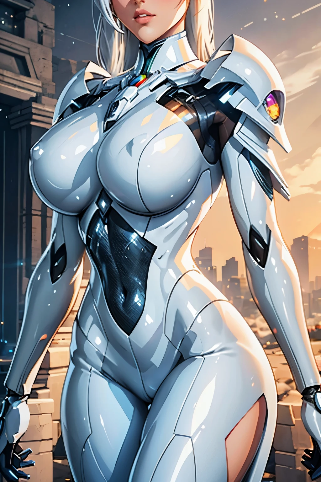 Superior image quality,ultra high definition,8K,Close-up of a cartoon character with very large breasts, elegant white armor brilhante, in white futuristic armor, elegant white armor, gynoid cyborg body, Shiny high-tech armor, silver eyes full body, lunar themed costume, sleek streamlined white armor, detailed white armor, streamlined white armor, gynoid body