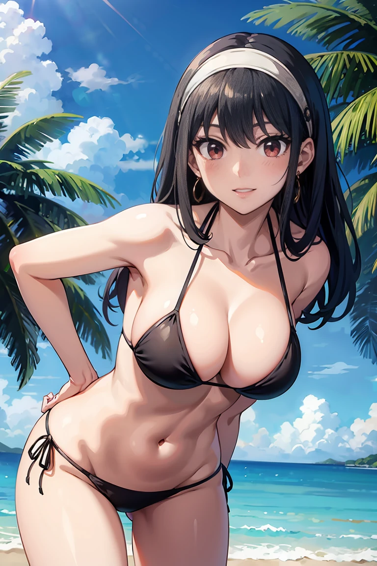 masterpiece, Yugal, 1 Girl, alone,shy,Embarrassing,Blushed,Black Hair, Red eyes, Bare shoulders, jewelry, clavicle, Side Lock, hair band, Earrings,Outdoor,Seaside,smile,bikini,Swimwear,plant, Short and long hair, white hair band,Big side hair,The hair on the sides is very long,Leaning forward,