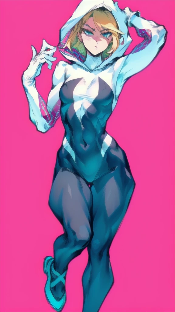 Full body image of Gwen Stacy as Spider-Gwen, full body in image, wearing her original Spider-Gwen outfit (white, black, and pink hooded suit with web patterns on the inside of the hood, white gloves, and blue ballet shoes), short blonde hair with the hood partially down, female body, slender and athletic body, dynamic pose, detailed pose, simple background, expressive face showing determination, focus on face, line art, sketch