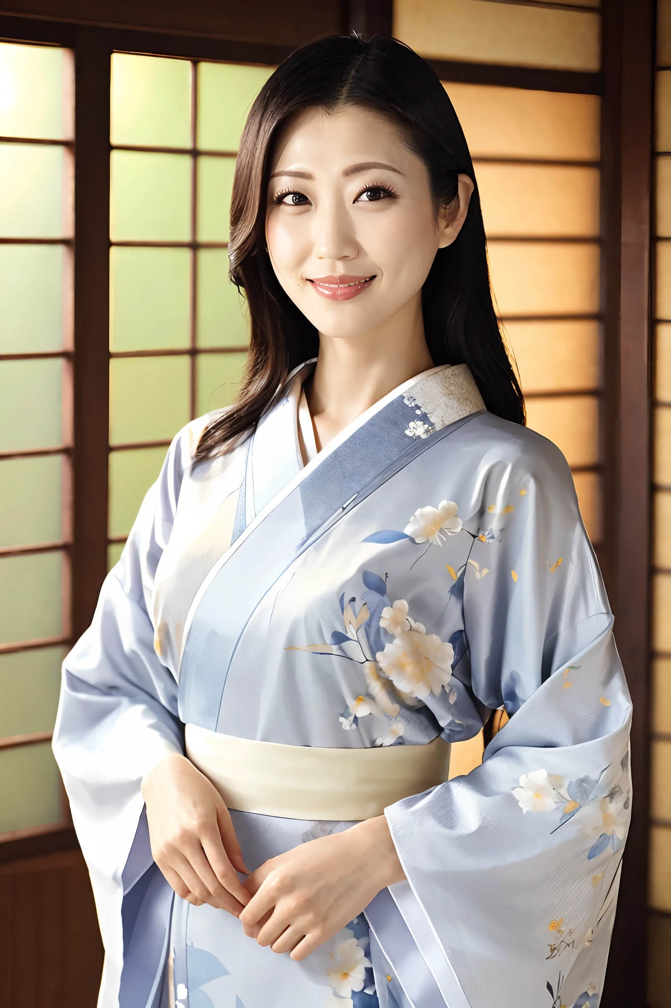 (Highest quality、Tabletop、8K、Best image quality、Award-winning works)、(One beautiful mature woman:1.1)、Adult face、(Innkeeper:1.1)、(Elegant floral kimono:1.2)、(A kimono with a perfect and precise collar:1.2)、Perfect mature woman portrait photo、Glowing Skin、Standing Elegantly、(Blurred elegant and exquisite perfect Japanese style room background:1.3)、(The most natural and perfect tidy Japanese style room background:1.2)、Glowing White Skin、Very white skin、(Accentuate your body lines:1.1)、(The most graceful posture:1.2)、(Large Breasts:1.2)、A perfect smile、Perfect beautiful glossy lips、(Accurate anatomy:1.2)、(A perfect and elegant kimono:1.1)、(Standing with good posture:1.1)、(Beautiful, high-quality, large kimono obi:1.1)