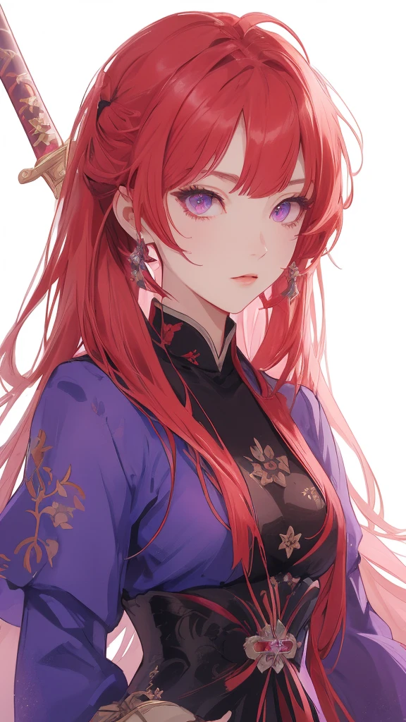 a close-up of a person with red hair and a sword, impacto de ayaka genshin, jogo ayaka impacto Genshin, keqing do impacto genshin, zhongli do impacto genshin, also, anime moe art style, genshin, cute anime waifu in a beautiful dress, female protagonist 👀 :8, demon slayer rui fanart, purple eye iris