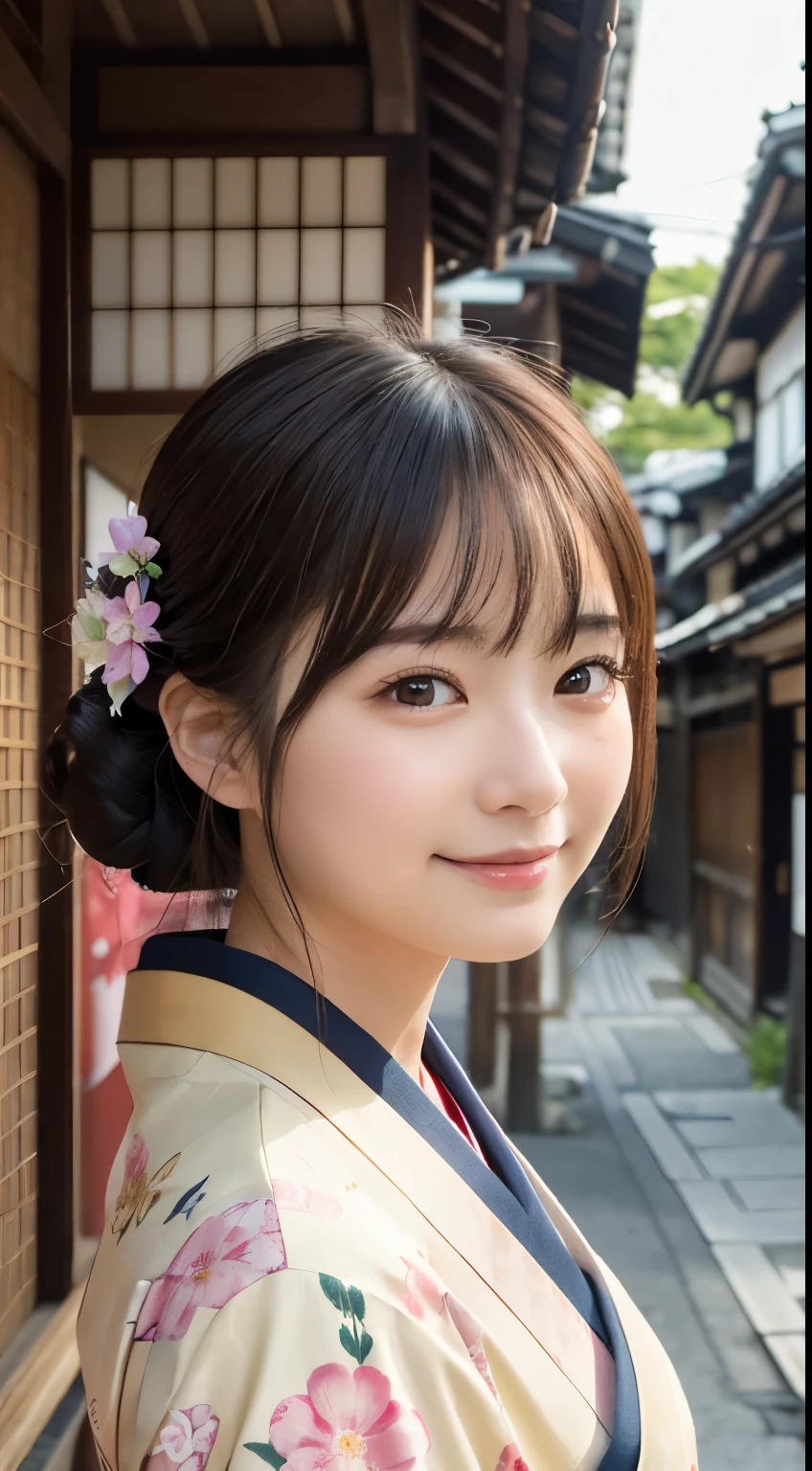 Professional Lighting,(Realistic:1.4), (Top image quality:1.0), (超High resolution:1.0), 8K, Raw photography, (masterpiece:0.2), (Dealing with the Children_v1:0.5)、(最高quality Detail:1.2)、Realistic、8K Ultra HD、High resolution、(1 Girl:1.2)、超detailedな、High quality textures、複雑なdetailed、detailed、Very detailed CG、High quality shadows、detailed 美しく繊細な顔、Beautiful details and a delicate eye、(Symmetrical eyes:1.2),Written boundary depth、Ray Tracing,1 Girl, Japanese Girls, (Natural smile:1.4),cute, thin, Portrait of a beautiful Japanese woman in a kimono, Standing elegantly on a street corner in Kyoto. Kimono with vibrant traditional patterns, Hair decorated with elegant and delicate hairpins, Gentle expression. (With the old streets of Kyoto in the background:1.4)、The soft light of a spring afternoon、Adding tranquility to the scene. Rendered in a Realistic style with great attention to detail, High resolutionの画像.Sky Porn, Magic Hour, (Realistic:1.3), finely, quality, (Tabletop:1.2), (Realistic:1.2), (最高quality), (複雑なdetailed), dramatic, Ray Tracing, photograph, +roller