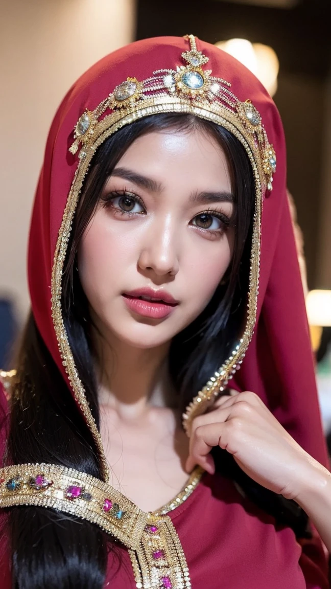 two women in hijabs are posing for a picture, realistic cosplay, hana alisa omer, cosplay, artgerm and genzoman, arabian wrestling woman, exotic costumes, arabian princess, with beautiful exotic, arabian beauty, asian hyperdetailed, ig model | artgerm, wonderful, sexy movie photo, beautiful oriental woman, cosplayer, by Ren Renfa