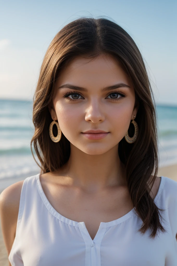 A young Ukrainian girl on the beach, beautiful  face, eyes large, big eyelashes, soft skin, long hair, Large earrings, 比基尼, goddess, pose sexy, (best quality, 4K, 8K, highres, masterpiece:1.2), ultra-detailed, (realistic, photorealistic, photo-realistic:1.37), half upper body, eye level, Medium Shot Camera Angle