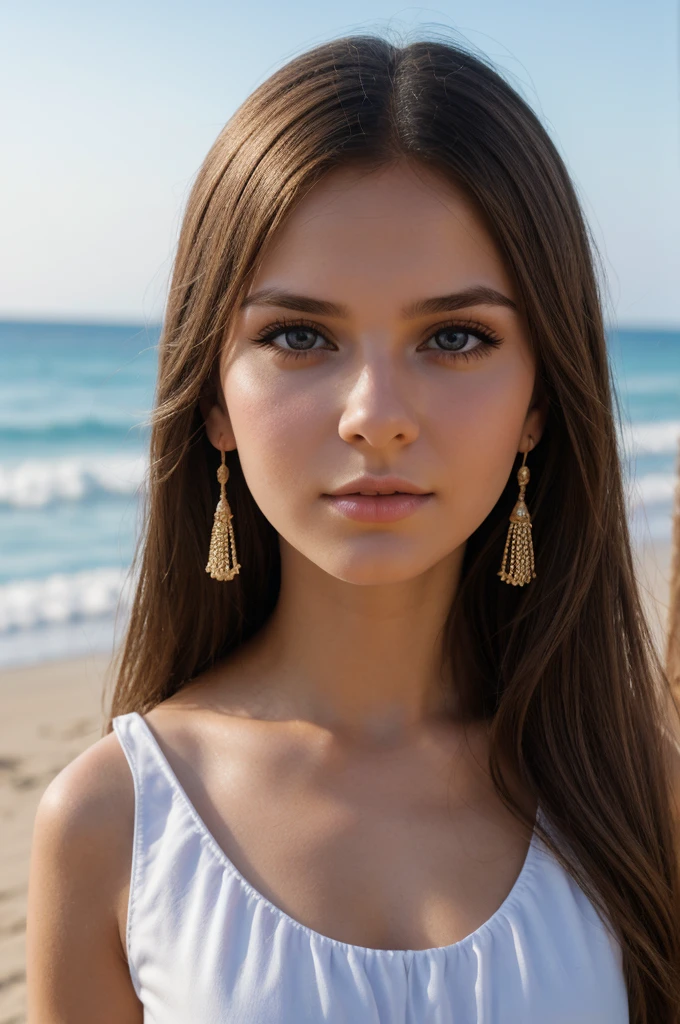 A young Ukrainian girl on the beach, beautiful  face, eyes large, big eyelashes, soft skin, long hair, Large earrings, 比基尼, goddess, pose sexy, (best quality, 4K, 8K, highres, masterpiece:1.2), ultra-detailed, (realistic, photorealistic, photo-realistic:1.37), half upper body, eye level, Medium Shot Camera Angle