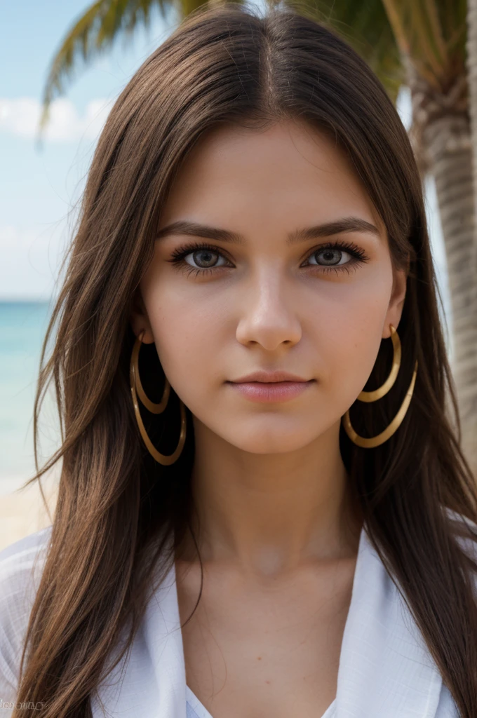 A young Ukrainian girl on the beach, beautiful  face, eyes large, big eyelashes, soft skin, long hair, Large earrings, 比基尼, goddess, pose sexy, (best quality, 4K, 8K, highres, masterpiece:1.2), ultra-detailed, (realistic, photorealistic, photo-realistic:1.37), half upper body, eye level, Medium Shot Camera Angle