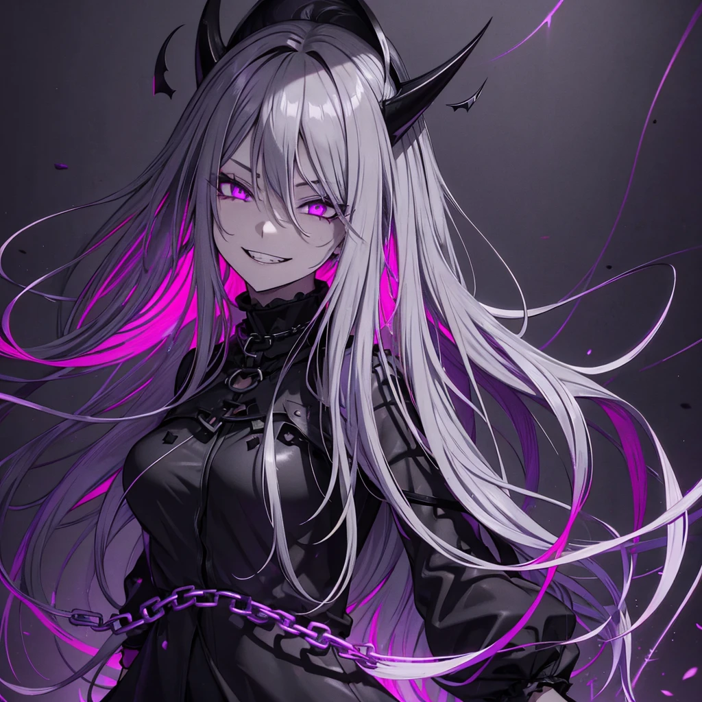 1 girl, wallpaper, whole picture, grey wall background, dark picture, ruined wall background, asymmetric hair, grey hair, multicolored hair, long hair, psycho smile, evil_smile, dark purple eyes, view from the side, looking at viewer, long chain shackles, neon lights in background, , grin, ruffled hair, black dress