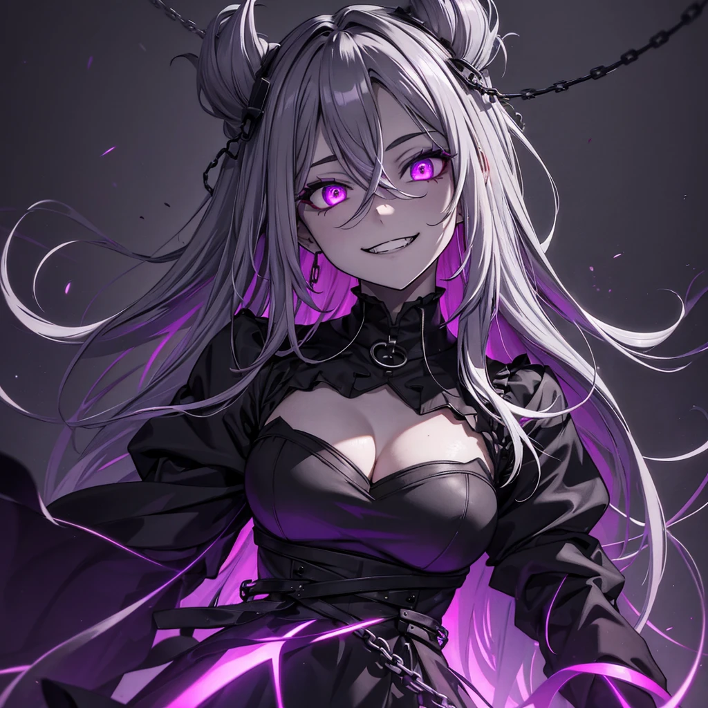 1 girl, wallpaper, whole picture, grey wall background, ruined wall background, asymmetric hair, grey hair, multicolored hair, long hair, psycho smile, evil_smile, dark purple eyes, view from the side, looking at viewer, long chain shackles, neon lights, grin, ruffled hair, black dress