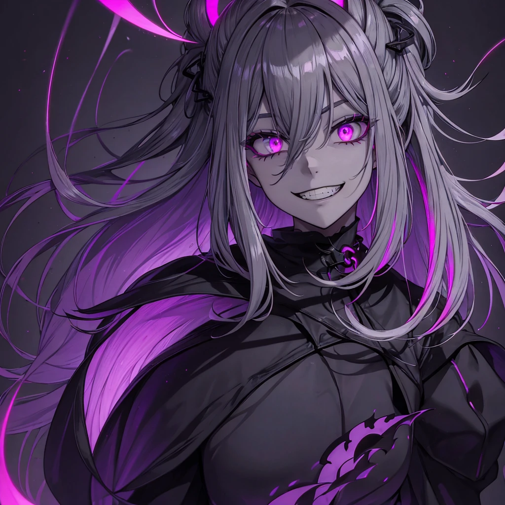 1 girl, wallpaper, whole picture, grey wall background, dark picture, ruined wall background, asymmetric hair, grey hair, multicolored hair, long hair, psycho smile, evil_smile, dark purple eyes, view from the side, looking at viewer, long chain shackles, neon lights in background, , grin, ruffled hair, black dress