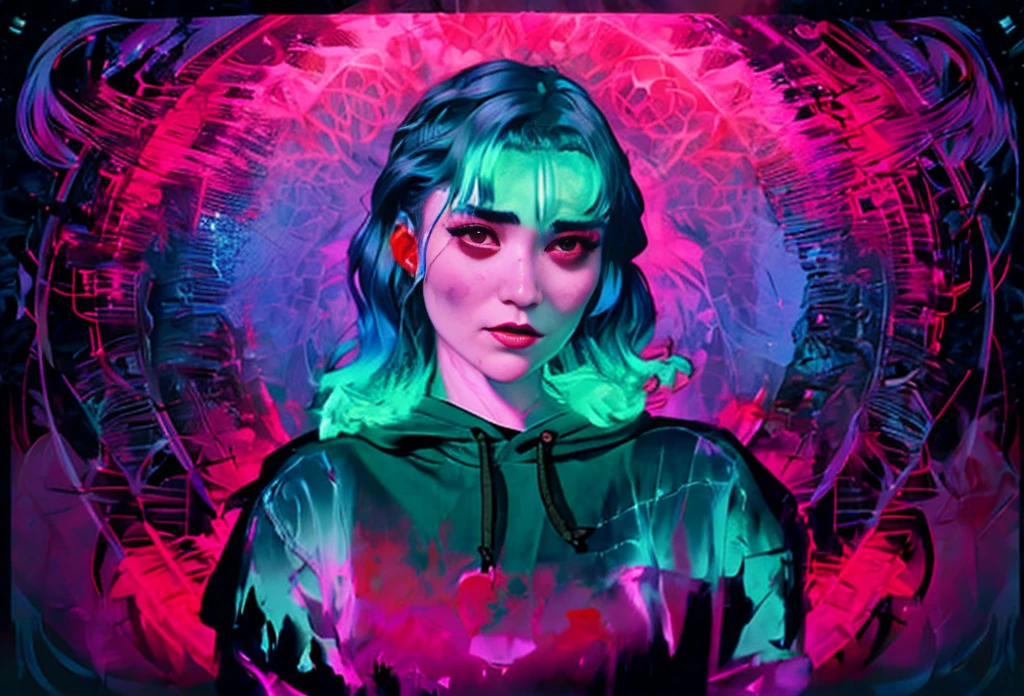 
a poster for the album,'the woman in the hoodie ', an album cover by Ferdynand Ruszczyc, trending on cgsociety, psychedelic art, looks a blend of grimes, looks like a mix of grimes, ) ominous vibes, cgsociety saturated colors, ultraviolet and neon colors, grimes - book 1 album cover, violent and vicious appearance