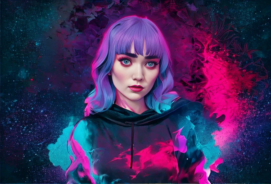 
a poster for the album,'the woman in the hoodie ', an album cover by Ferdynand Ruszczyc, trending on cgsociety, psychedelic art, looks a blend of grimes, looks like a mix of grimes, ) ominous vibes, cgsociety saturated colors, ultraviolet and neon colors, grimes - book 1 album cover, violent and vicious appearance