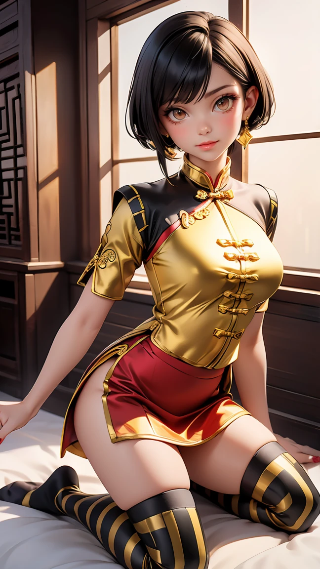 A very beautiful 19-year-old woman, (white hair:0.3), bob haircut, short hair, (yellow eyes:0.3) bright golden eyes, red nails, young beautiful face, muscular, slim but well-proportioned body, perfect white skin, highly detailed drawing, realistic face. (((Wearing traditional Chinese imperial clothes, black with golden stripes,))) ((red skirt with golden stripes,)) (with red Hanafuda earrings,) (garterbelt black thigh-high socks.) Kneeling on a white bed in an ancient Chinese room, with a full moon and stars visible through the window, with light flashes reflecting on her body. 4k anime art, perfect lighting.