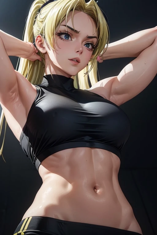 8k high resolution, ultra high quality, detailed face, detailed body, perfect body ,1 girl, blonde long hair, black sleeveless shirt, sixpack, arms up, armpit, sweating, sweaty armpits