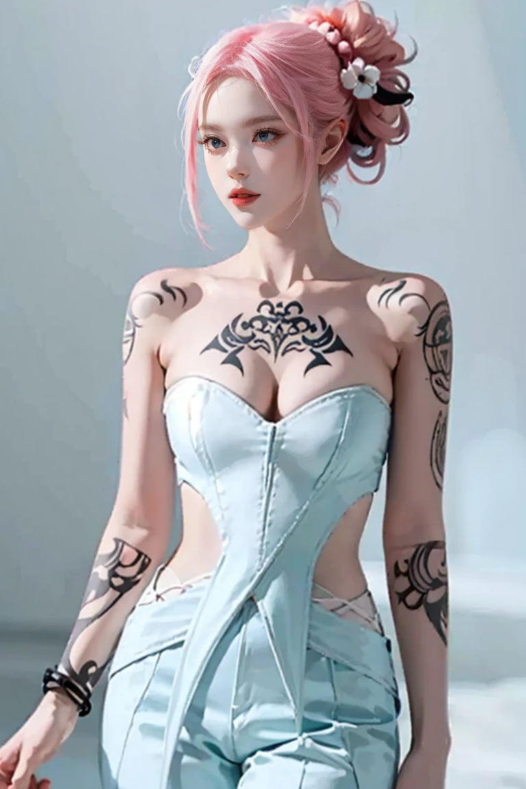 (Chest puffing pose),(Random Hairstyles),(Best image quality,(8K),Ultra-realistic,最high quality, high quality, High resolution, high quality,Attention to detail,Beautiful details,Fine details,Extremely detailed CG,Detailed Texture,Realistic facial expressions,masterpiece,in front), stockings,Pink Hair, ,, (((Tight waist))), ((Big Breasts)),(See-through),(((He has many tattoos all over his body)),