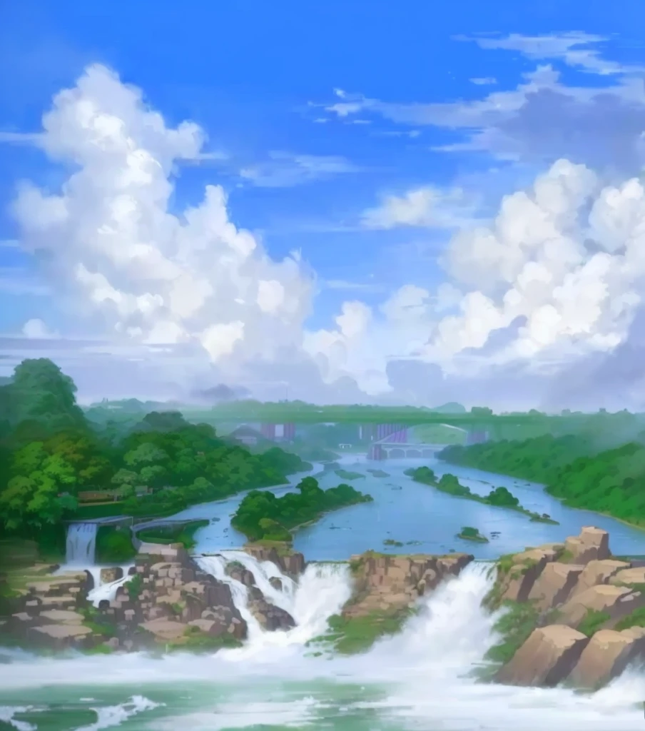 painting of a river with a waterfall and a bridge in the background, anime landscape, water landscape, scenery artwork, waterfalls in distance, art station landscape, . background: jungle river, speedpaint, anime scenery, anime countryside landscape, scenery art detailed, background art, background artwork, detailed digital painting, a digital painting, painted in anime painter studio, high detail digital painting