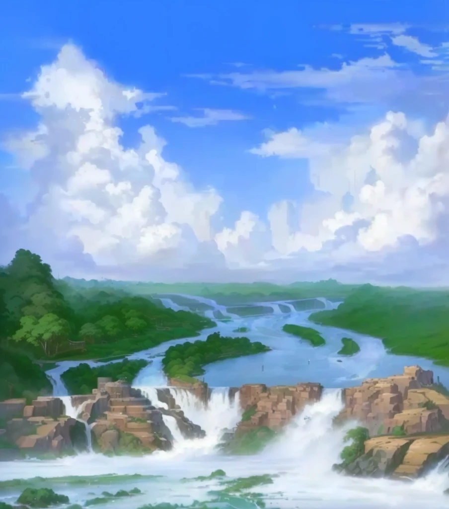 painting of a river with a waterfall and a bridge in the background, anime landscape, water landscape, scenery artwork, waterfalls in distance, art station landscape, . background: jungle river, speedpaint, anime scenery, anime countryside landscape, scenery art detailed, background art, background artwork, detailed digital painting, a digital painting, painted in anime painter studio, high detail digital painting