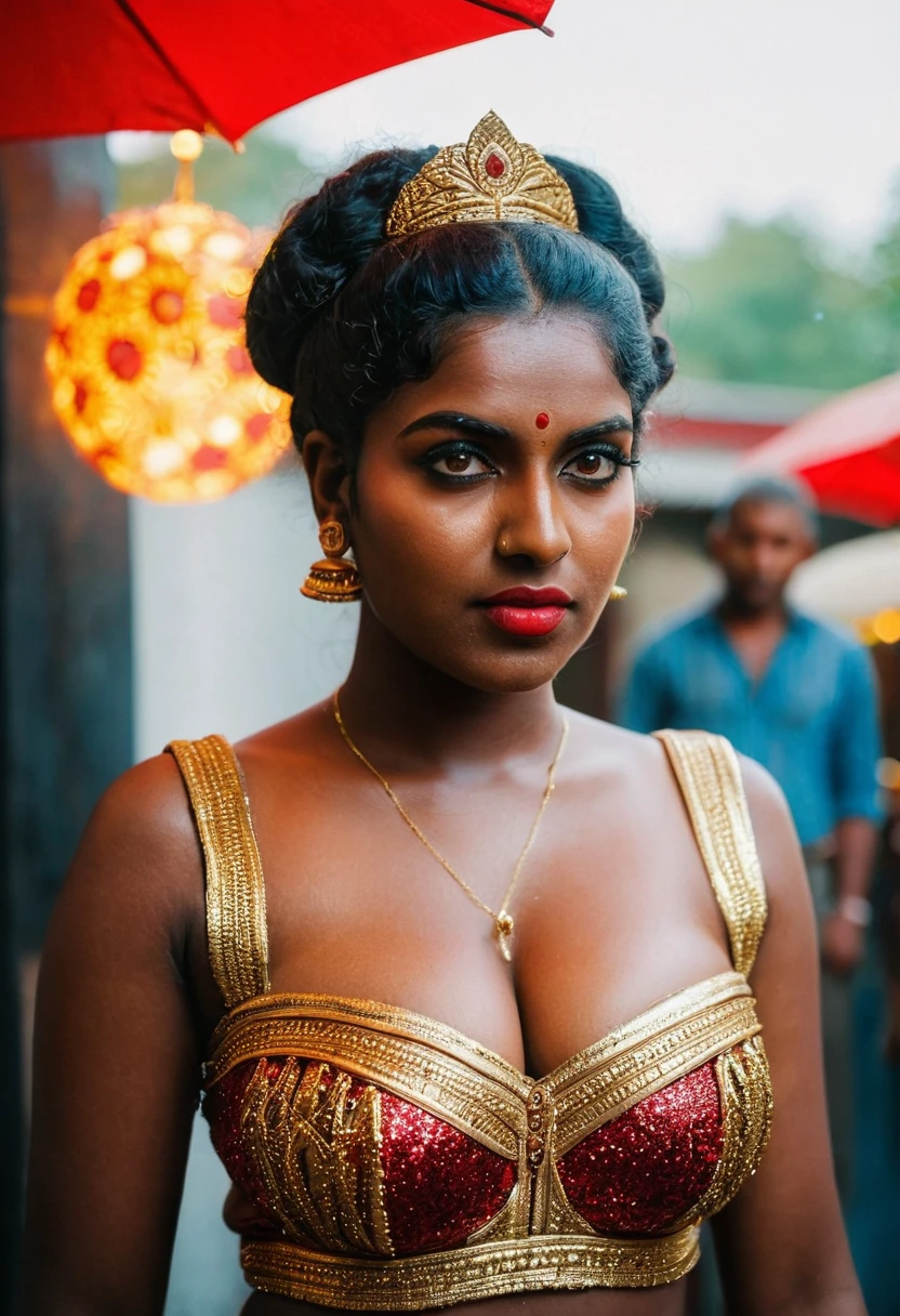 (((photo of a ancient kerala crowned temple goddess ))), (((black kali))) , (((Half Body))), (((very dark skin))), (((age 18+))), (((chubby tall))), (((huge busty milky wet big massive boobs))), (((nude thigh))), (((ancient black mini skirt))), ((black skin dark body)), (((red ornaments))), (((depth of field))), ((( flame bokeh))), (((rain))), ((( flashing light leaks))), (((divine))), photorealistic,photo, realism, Getty Images, RAW candid cinema, 16mm, colour graded portra 400 film, remarkable colour, ultra realistic, textured skin, remarkable detailed pupils, realistic dull skin noise, visible skin detail, skin fuzz, dry skin, shot with cinematic,light leaks, RAW Image, DOF, depth of field,bokeh