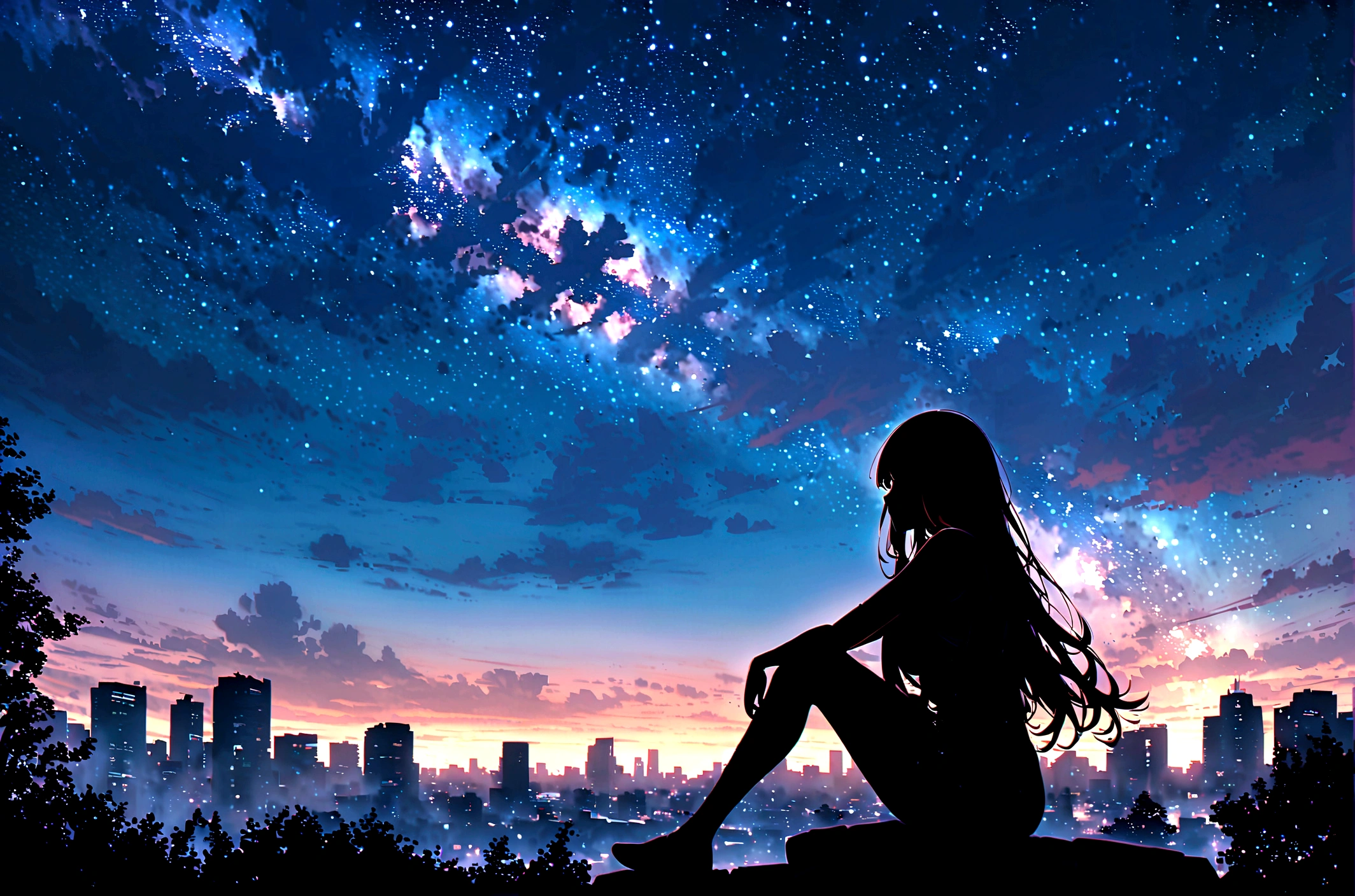 masterpiece, octane, sky, stars (sky), scenery, starry sky, night, one girl, night sky, alone, outdoors, buildings, clouds, milky way, sitting, trees, long hair, city, silhouette, city scape,masterpiece,32k
