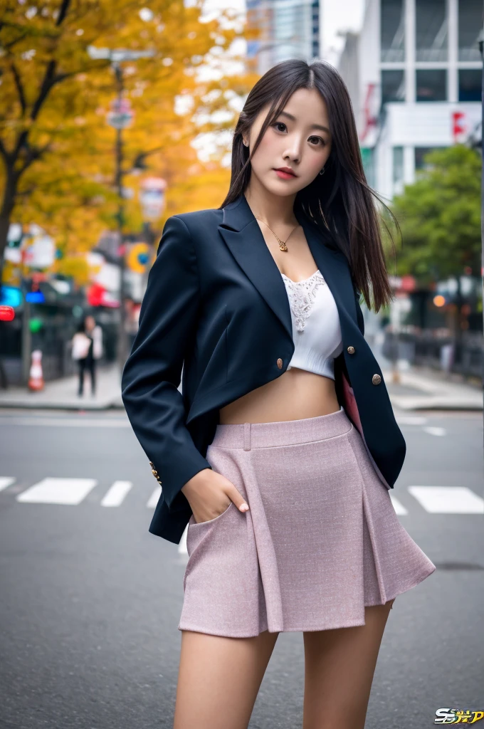 a girl, she is the most beautiful actress in the world, the perfect body proportions of this girl in formal clothes, the blazer is worn on the shirt, her crotch area of the panties are hardly hidden by the short skirt, her bare legs, it's just the front of her body, it's just one description, the lower than her shins are out of space, she is standing straight at the street, nsfw, best quality, highly detailed, masterpiece, ultra high res, photo realistic, 8k, RAW photo