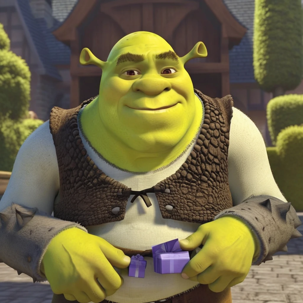 animated shrek receiving big gift, ultra sharp, 4K, birthday
